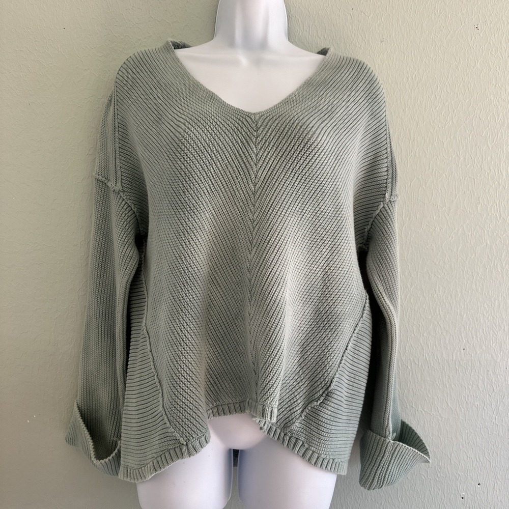 Free People Bell Sleeve Ribbed V-Neck Sweater Sage Green Cotton Cuffed Small